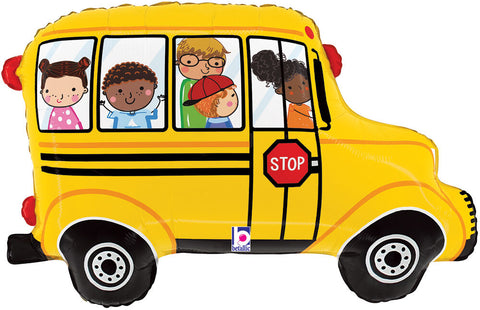 29" School Bus Mylar Super Shape Balloon in Manahawkin, NJ at Party Fair floating inflated on a yellow ribbon.