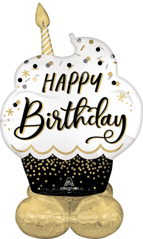 Birthday AirLoonz Balloon in Manahawkin, NJ at Party Fair, featuring the black, silver, and gold Birthday Wishes design.