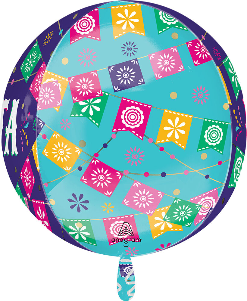 Close-up of Orbz balloon showing Fiesta text and vibrant multicolor pattern