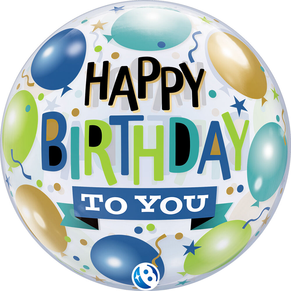 Happy Birthday To You Bubble Balloon in Manahawkin, NJ at Party Fair, featuring a 22-inch clear bubble balloon with a colorful blue and green birthday design.