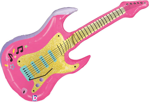 Pink Electric Guitar Balloon, 39-inch guitar-shaped balloon with pink and gold details, available in Manahawkin, NJ at Party Fair.