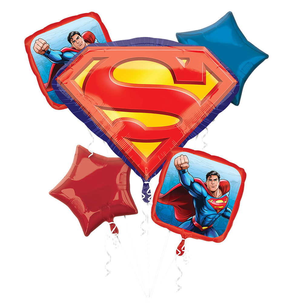 Superman iconic "S" Logo with standard size square Superman theme and solid star balloons in Manahawkin NJ at Party Fair. 