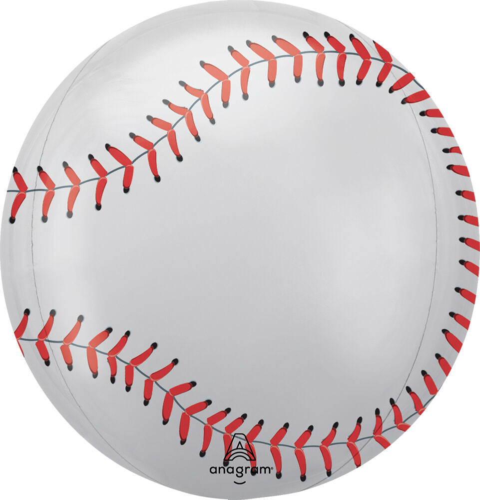 Baseball Foil Orbz Balloon showing the back view of  its rounded shape and baseball-inspired pattern.