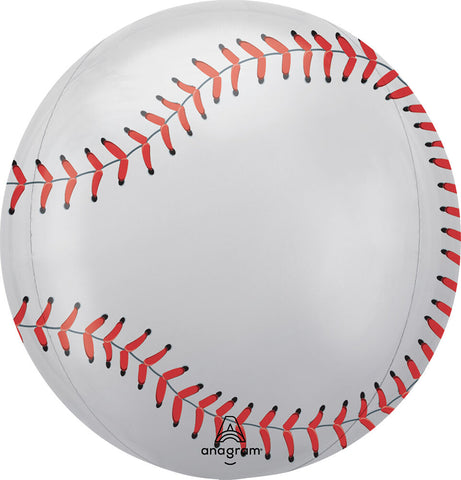 Baseball Foil Orbz Balloon showing the back view of  its rounded shape and baseball-inspired pattern.
