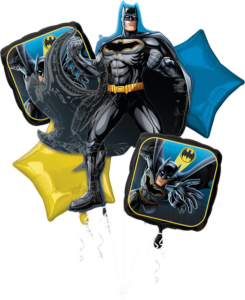 Batman Balloonn Bqt featuring 1 large batman balloon 2 square standard sie batman themed balloons and 2 standard size star shaped baloons in Manahawkin NJ at PartyFair.