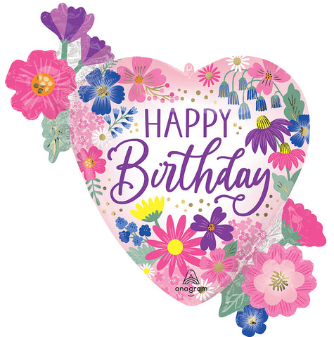 Garden Florals Birthday Balloon in Manahawkin, NJ at Party Fair, featuring a lavender and pink garden floral print with a “Happy Birthday” message on a 29-inch balloon.