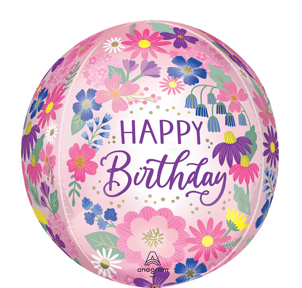Garden Florals Birthday Balloons in Manahawkin, NJ at Party Fair, featuring a lavender and pink floral print with a “Happy Birthday” message on 16-inch balloons.