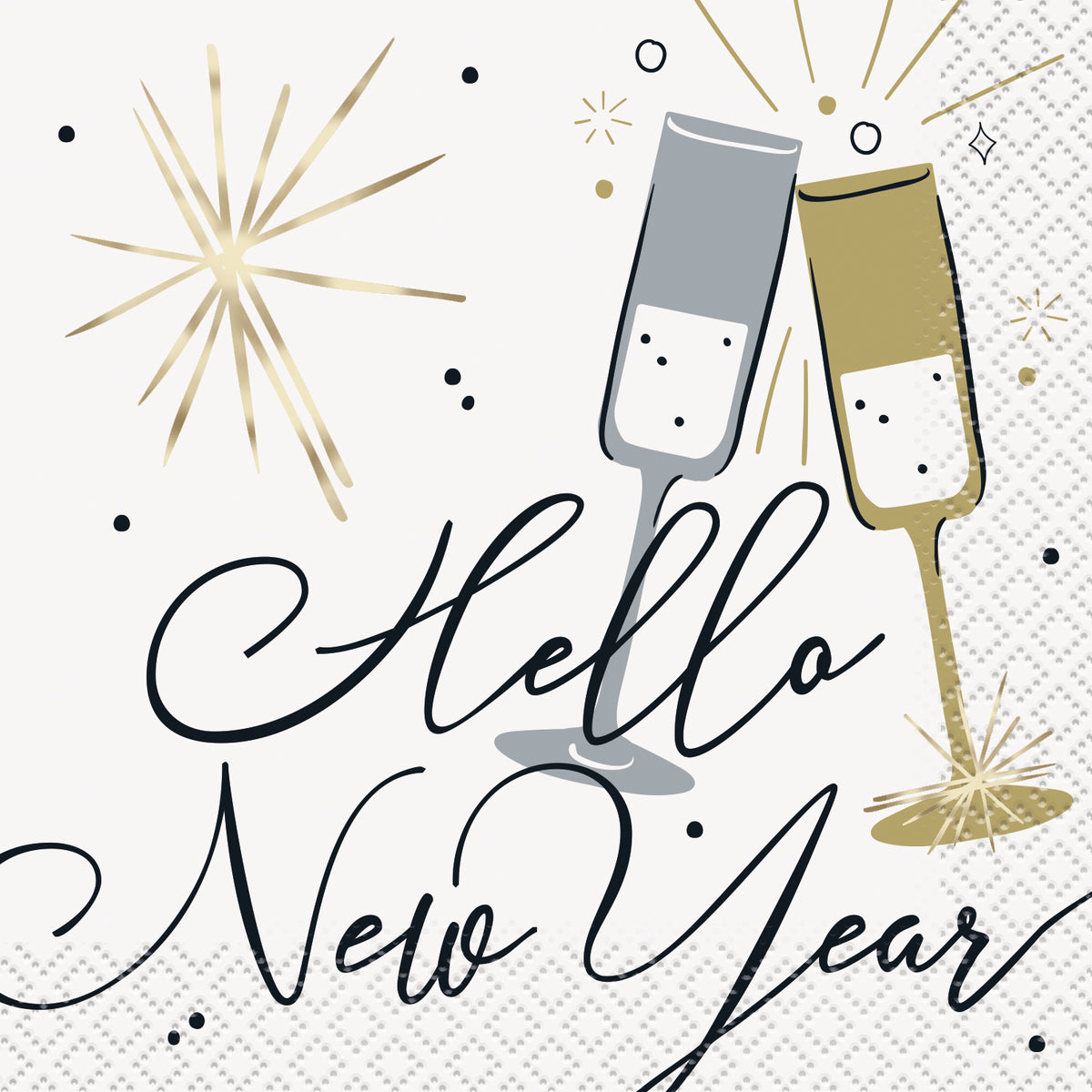 Toasting New Year’s “Hello New Year” Beverage Napkins – 16 Count, Foil Stamped
