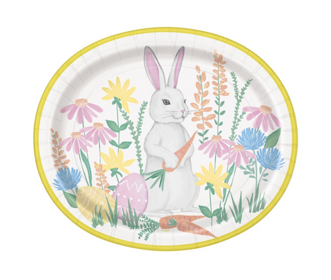 Flowery Easter 12 inch oval paper plates with bunny and floral design available in Manahawkin, NJ for Easter dinner and spring celebrations
