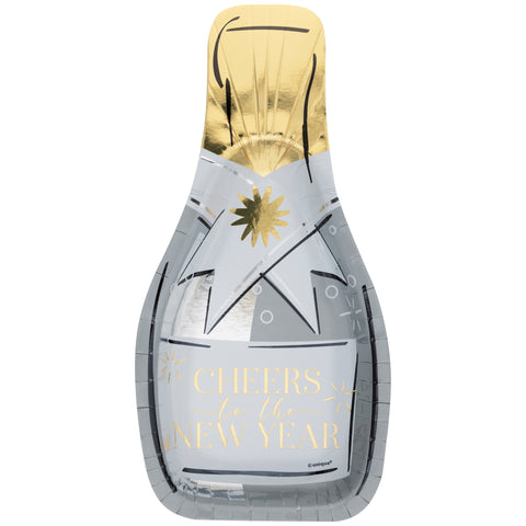 Toast to New Year’s “Cheers to the New Year” Bottle-Shaped 10.25” Plates – Foil Board, 8 Count