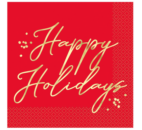 “Happy Holidays” Luncheon Napkins – Blooming Holly Red with Gold Foil, 16ct