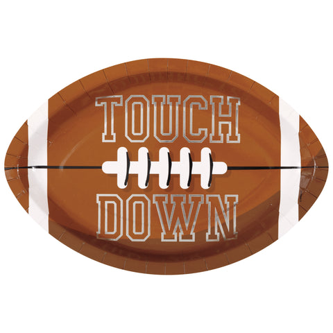 Game Face Football “Touchdown” 12" Football-Shaped Plates (8ct) – Foil Stamped Party Plates for Game Day & Sports Events