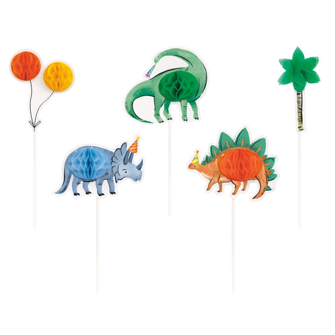 Partying Dinosaurs Cake Topper Kit – 5pc Assorted Honeycomb Decorations for Kids Birthday & Dino Party Cakes