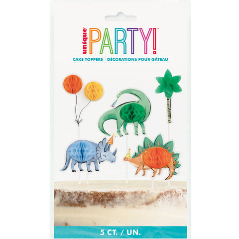 Partying Dinosaurs Cake Topper Kit – 5pc Assorted Honeycomb Decorations for Kids Birthday & Dino Party Cakes