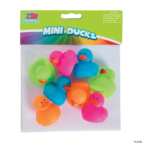 Mini Neon Rubber Duckies Assorted Material: Vinyl.         Size:1 1/4”,  8 pcs.