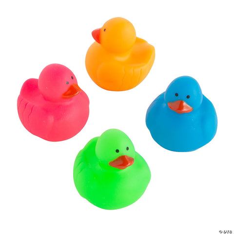 Mini Neon Rubber Duckies Assorted Material: Vinyl.         Size:1 1/4”,  8 pcs.