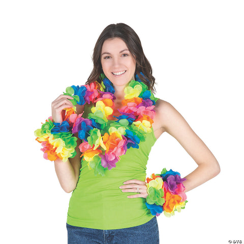 Premium Neon Rainbow Large Petal Flower Leis Material: Polyester. Size: 3 1/2" x 40" circ.