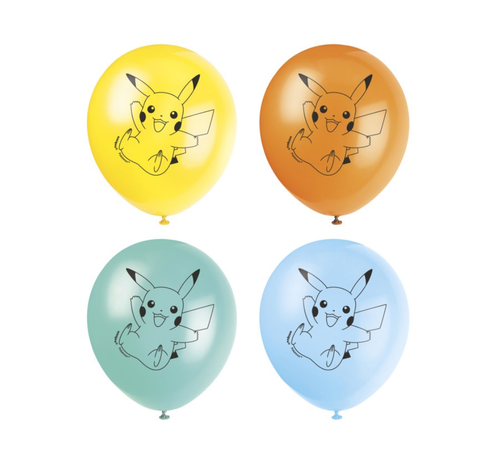 Colorful Pokémon balloons showing character designs and 12 inch size for birthday parties 8 ct package available at party Fair in Manahawkin NJ 