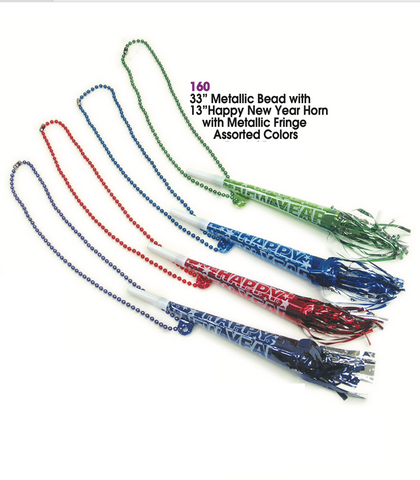 Metallic Bead Necklace with Happy New Year Horn – Assorted Colors Party Accessory
