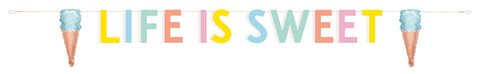 Pastel Ice Cream Party Banner – "Life is Sweet" with Mini Foil Balloons
