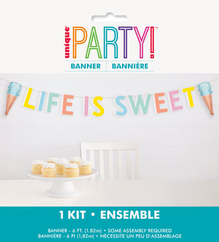 Pastel Ice Cream Party Banner – "Life is Sweet" with Mini Foil Balloons