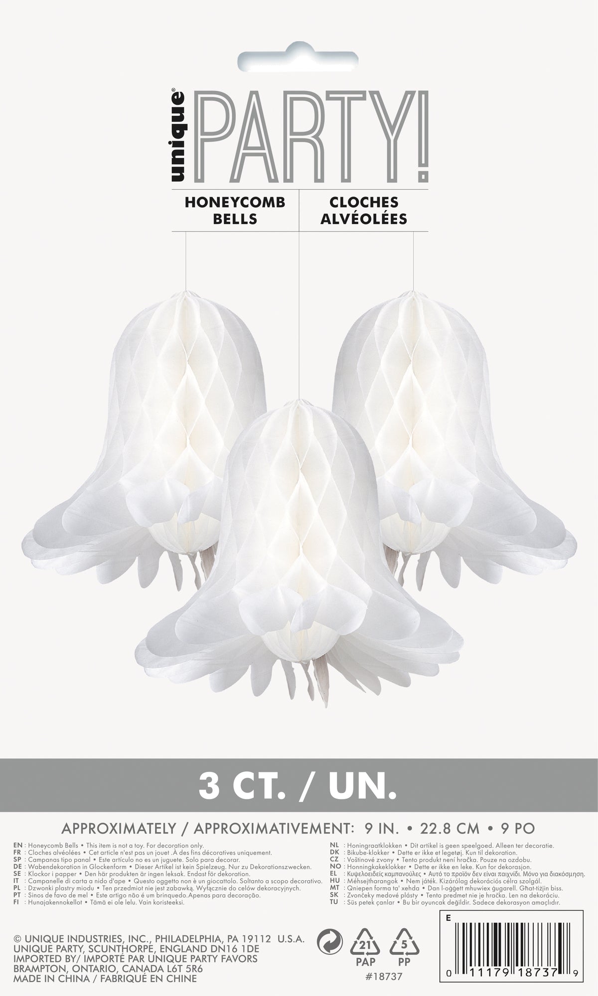 White Bells Honeycomb Decoration 9" 3ct