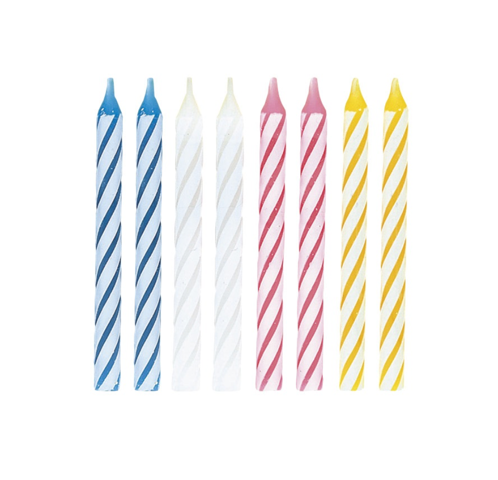 Bright spiral design multicolor birthday candles showing vibrant colors and twisted pattern detail, at Party Fair in Manahawkin NJ