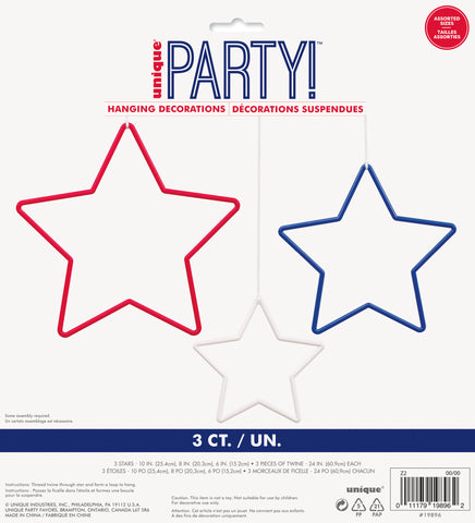 Patriotic Plastic Star Hanging Decorations 3 per package