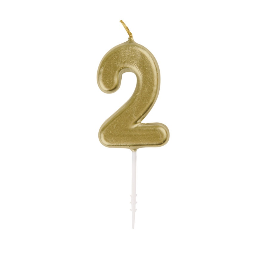 Mini metallic gold number 2 birthday pick candle displayed on cake in Manahawkin, NJ celebration setup