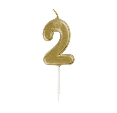 Mini metallic gold number 2 birthday pick candle displayed on cake in Manahawkin, NJ celebration setup
