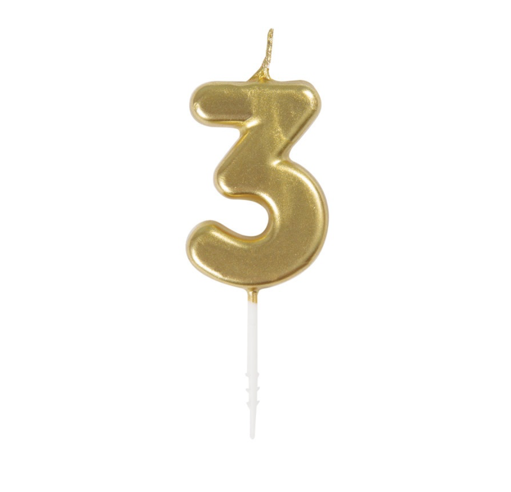Mini metallic gold number 3 birthday candle cake topper in Manahawkin, NJ