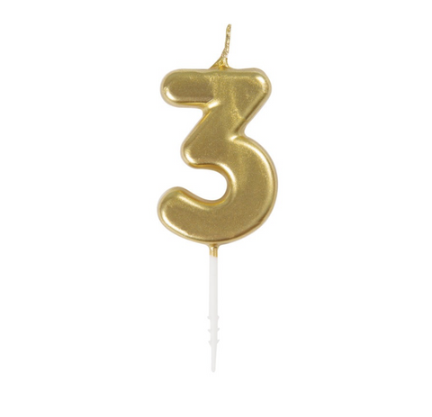 Mini metallic gold number 3 birthday candle cake topper in Manahawkin, NJ