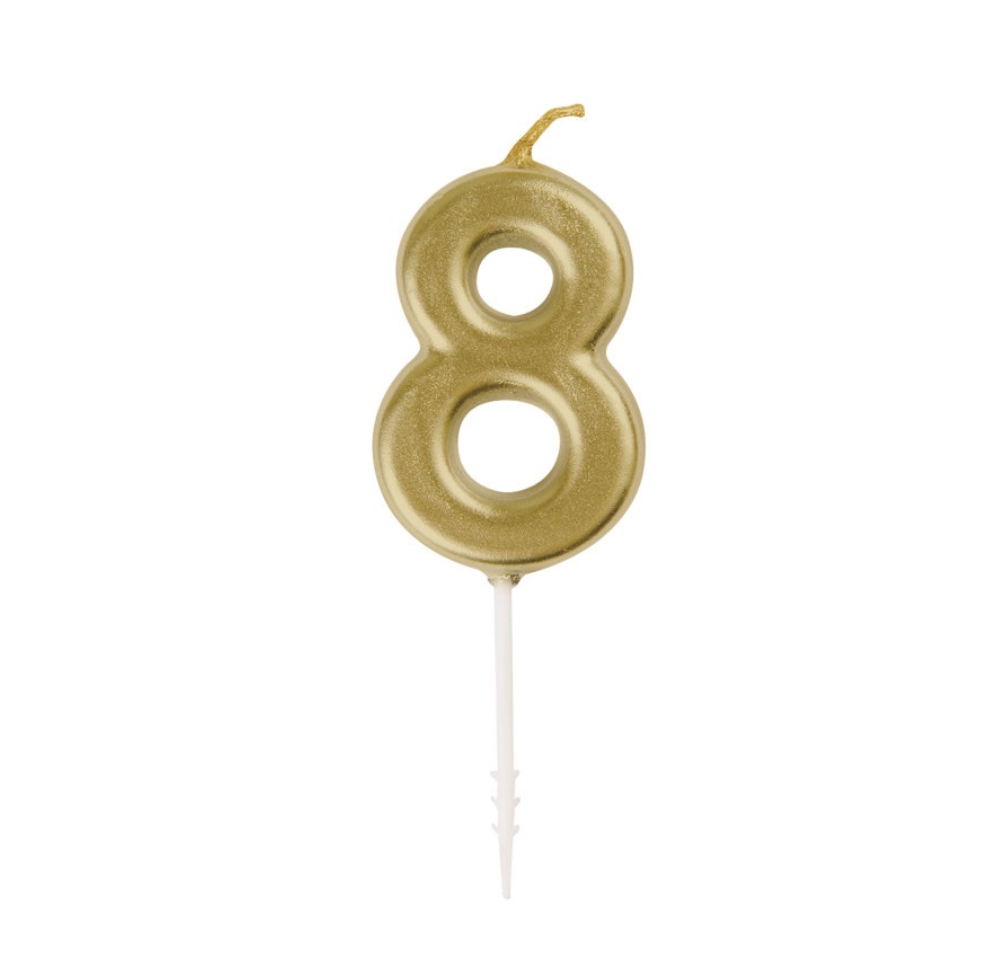 Mini metallic gold number 8 birthday candle cake topper in Manahawkin, NJ