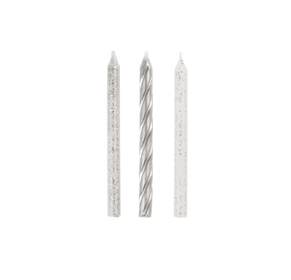 3 Assorted silver spiral glitter birthday candles close-up showing sparkling details, 8 of each color 24ct  ideal for parties in Manahawkin, NJ 