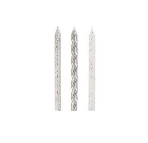 3 Assorted silver spiral glitter birthday candles close-up showing sparkling details, 8 of each color 24ct  ideal for parties in Manahawkin, NJ 