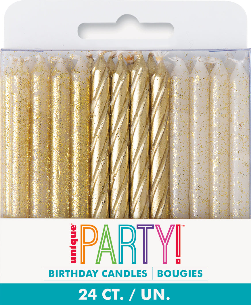 Glitter and Gold Spiral Birthday Candles – Assorted Colors, 24 Count
