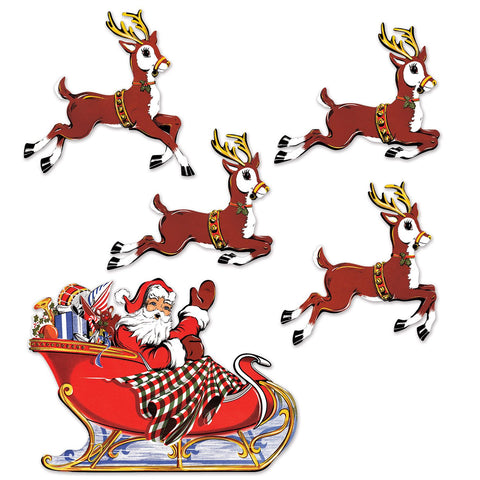 Vintage Christmas Santa & Sleigh Cutouts – 5 Per Pack, 10¾"–17¾" Holiday Decorations