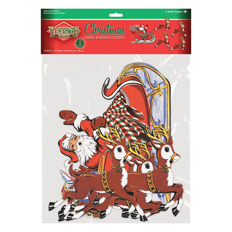 Vintage Christmas Santa & Sleigh Cutouts – 5 Per Pack, 10¾"–17¾" Holiday Decorations