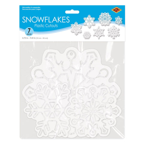 Clear Plastic Die-Cut Snowflakes – 7 Per Pack, 4¾"–9¼" Holiday Decorations