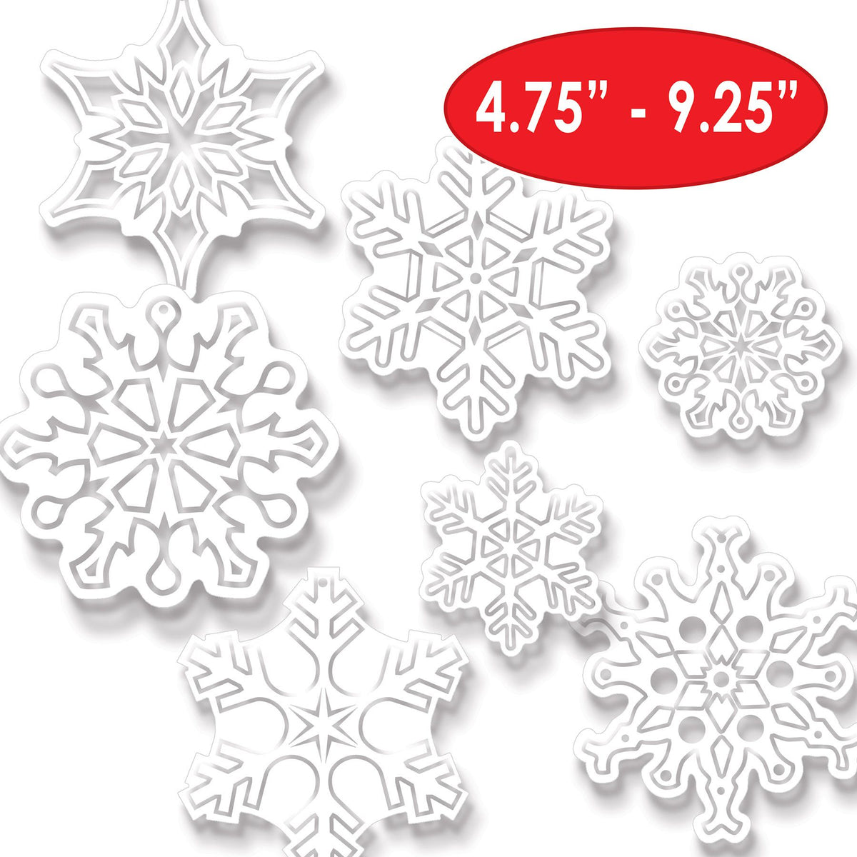 Clear Plastic Die-Cut Snowflakes – 7 Per Pack, 4¾"–9¼" Holiday Decorations