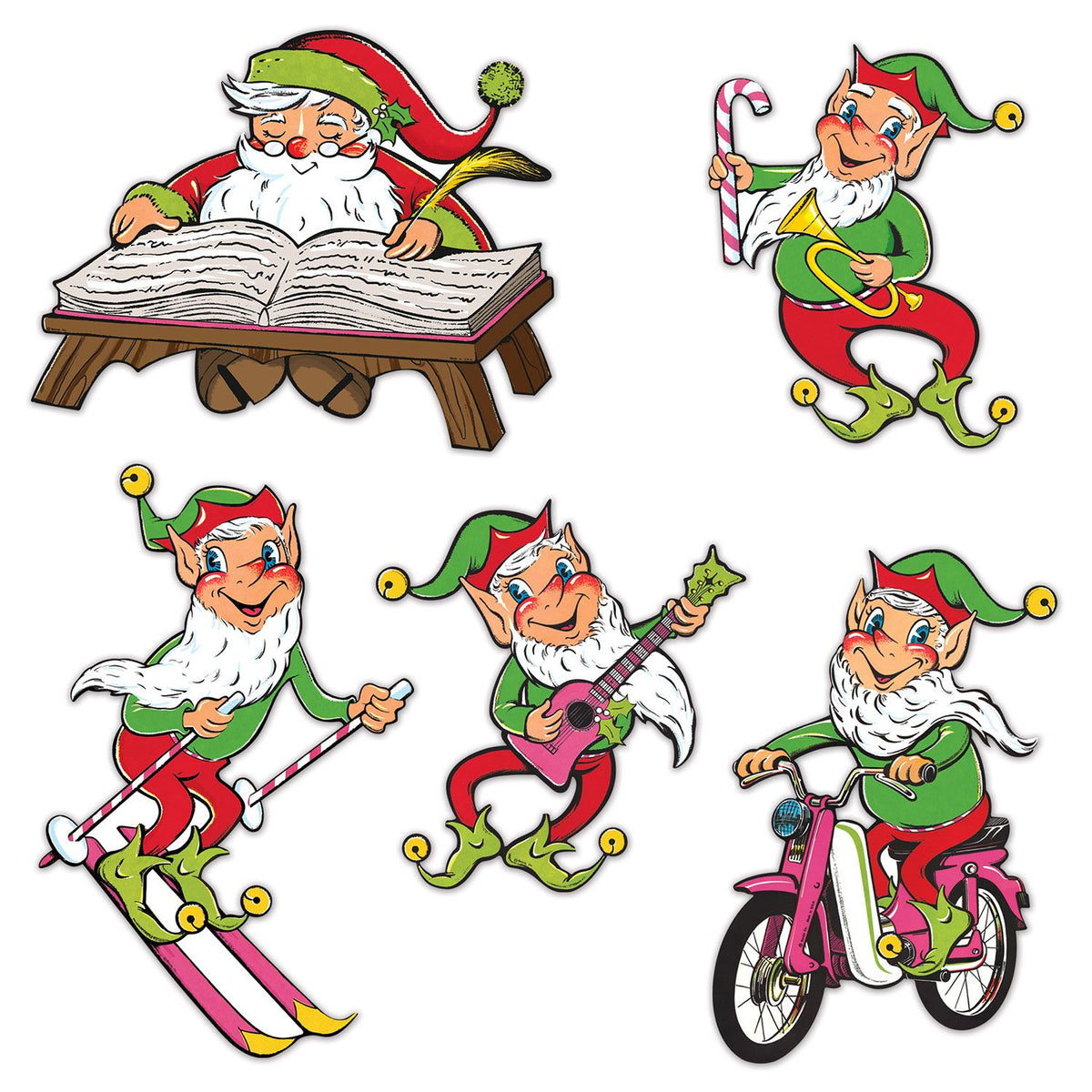 Vintage Christmas Santa & Elves Cutouts – 5 Per Pack, Double-Sided, 14"-21" Holiday Decorations