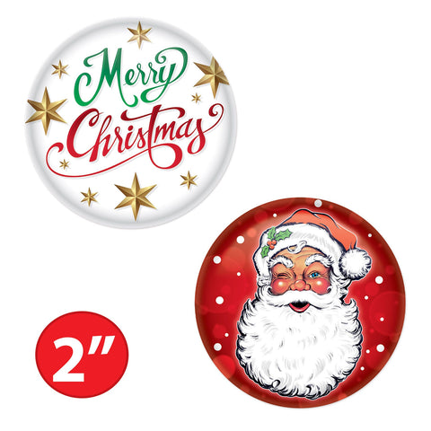 Holiday Christmas Buttons – 2" Size, 2 Per Package
