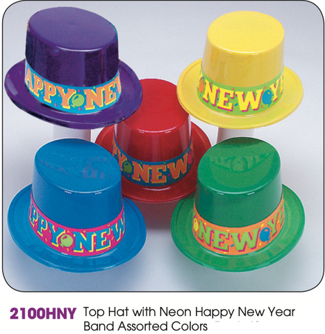 Plastic Top Hat with Neon “Happy New Year” Band – Assorted Colors | New Year’s Party Hat