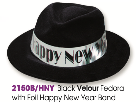 Plastic Black Velour Fedora with Silver “Happy New Year” Foil Band | New Year’s Party Hat