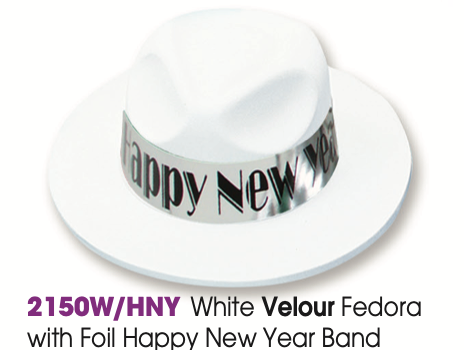 Plastic White Velour Fedora with Silver “Happy New Year” Foil Band | New Year’s Party Hat