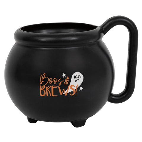 Bats & Boos "Boos and Brews" Cauldron Shaped 15oz Plastic Halloween Mug – Reusable Party Cup for Spooky Drinks