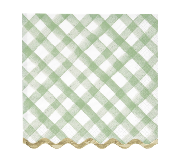 Green Gingham Scalloped Luncheon Napkins  16ct with Foil Stamping