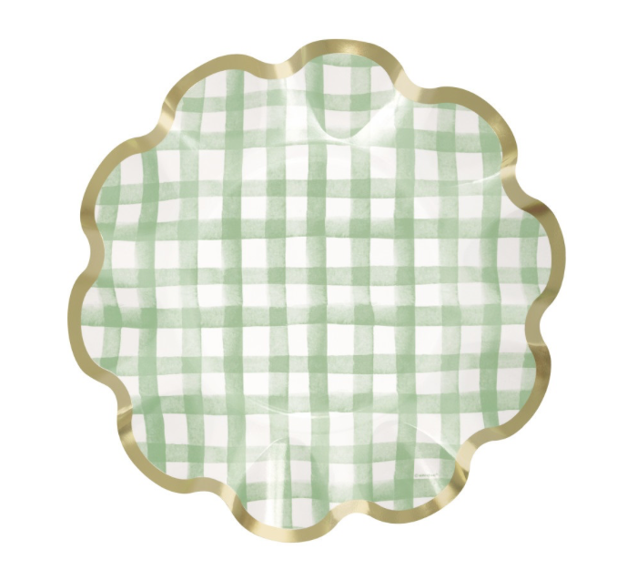 Green Gingham Scalloped Edge Shaped 10" Paper Dinner Plates 8ct with Foil Stamping