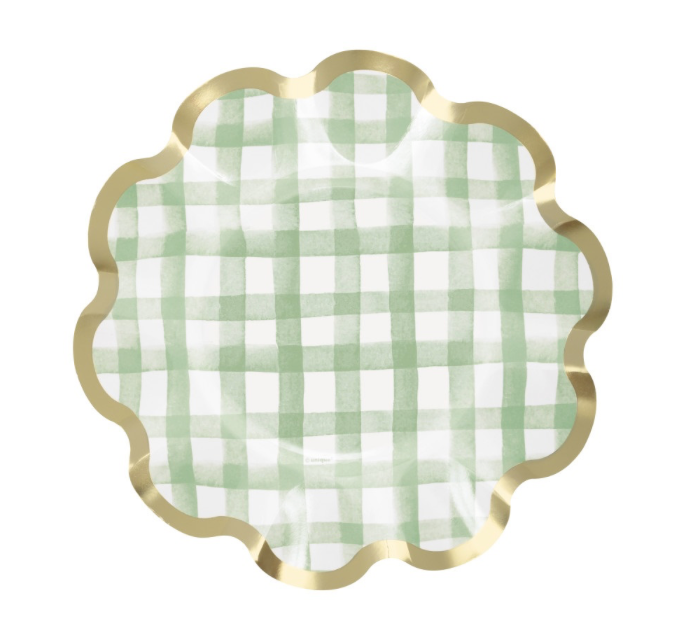 Green Gingham Scalloped Edge Shaped 8.25" Dessert Plates  8ct with Foil Stamping