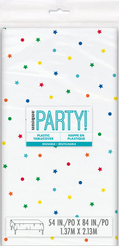 Dots and Stars Birthday Rectangular Plastic Table Cover  54 x 84"